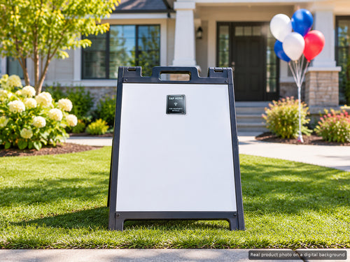 The real tag shown at true size on an open house A-frame sign in a front yard (real product photo on a digital background)