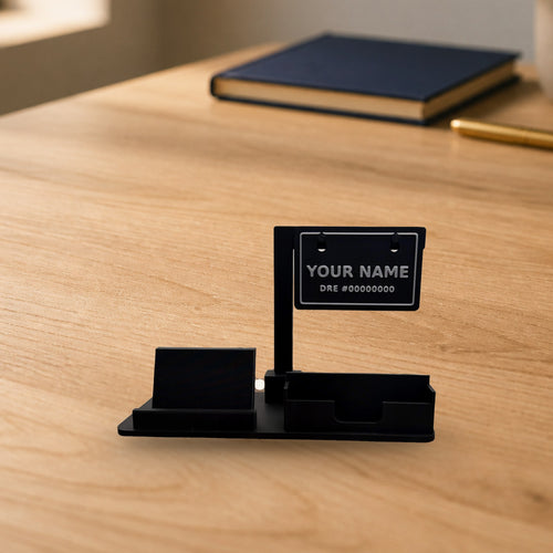 Card sign and phone stand desk set with YOUR NAME / DRE #00000000 placeholder sign on an oak desk (real product photo on a styled background)