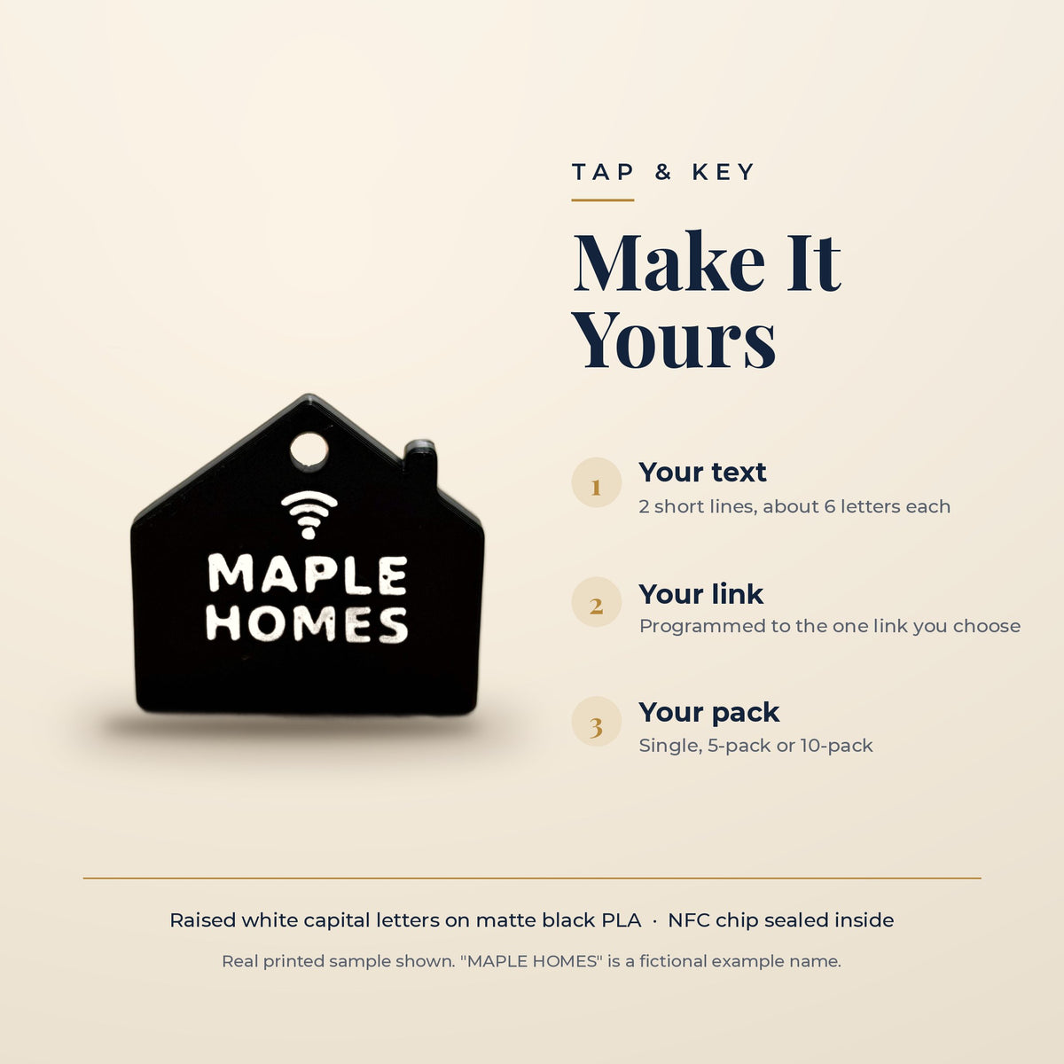 Make it yours: your text on 2 short lines, your link programmed to the chip, single, 5-pack or 10-pack